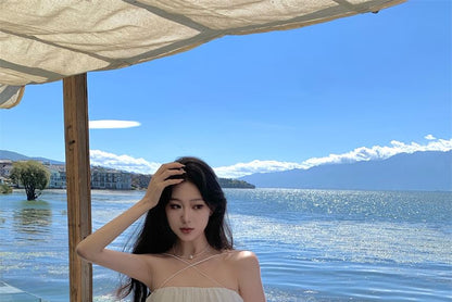 Midi Dress Plain Spaghetti Strap Pleated