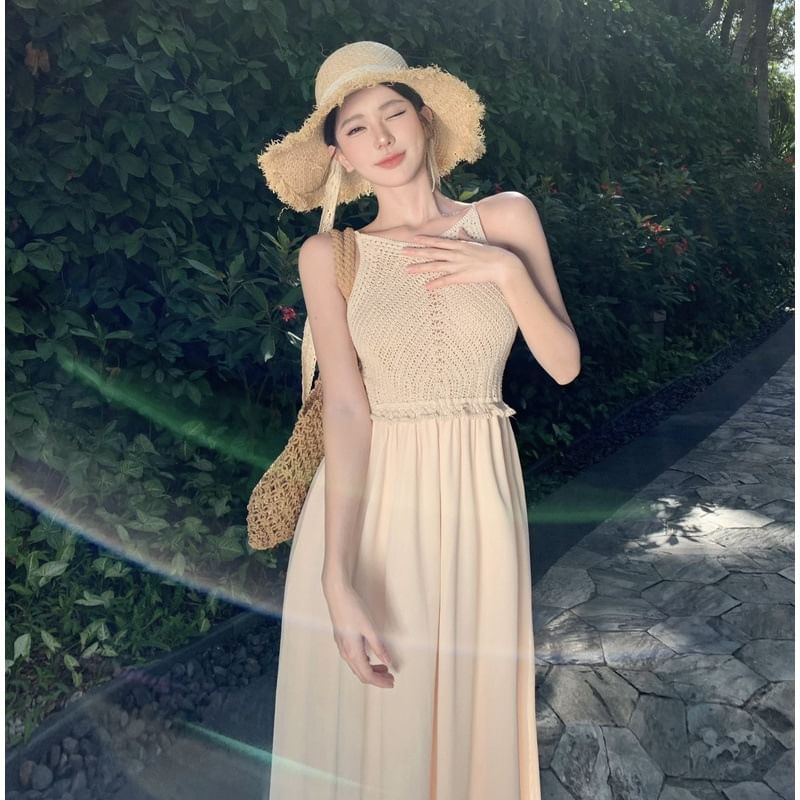Maxi Panel Strap A-Line Knit Dress Spaghetti Plain