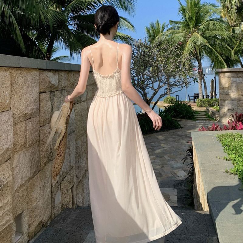 Maxi Panel Strap A-Line Knit Dress Spaghetti Plain