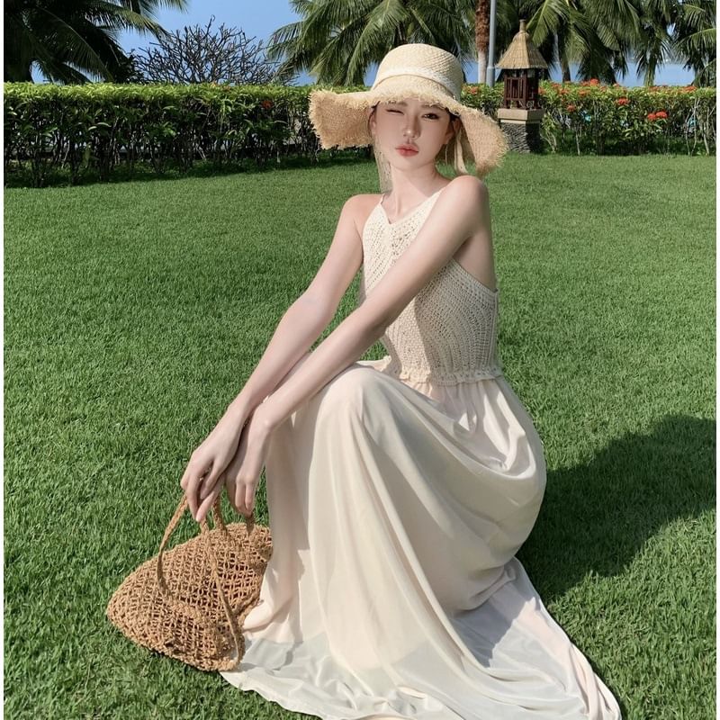 Maxi Panel Strap A-Line Knit Dress Spaghetti Plain