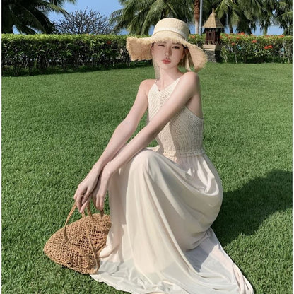 Maxi Panel Strap A-Line Knit Dress Spaghetti Plain