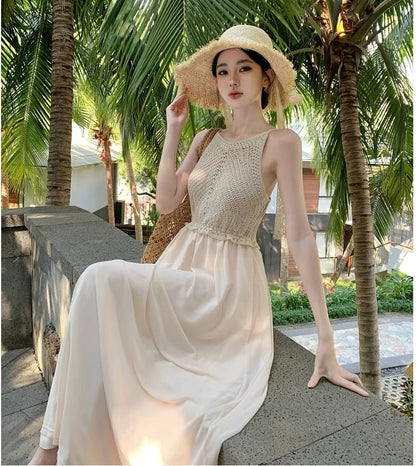 Maxi Panel Strap A-Line Knit Dress Spaghetti Plain