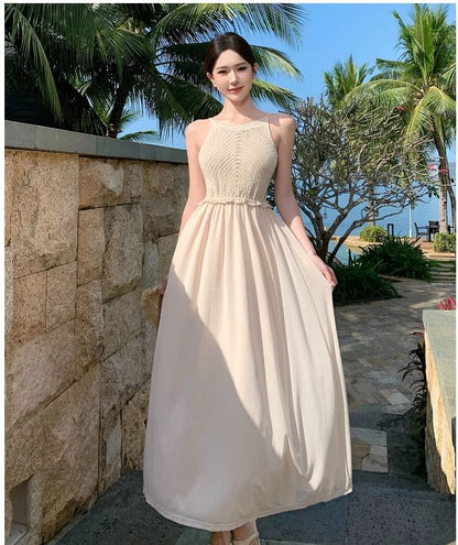 Maxi Panel Strap A-Line Knit Dress Spaghetti Plain