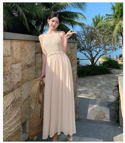 Maxi Panel Strap A-Line Knit Dress Spaghetti Plain