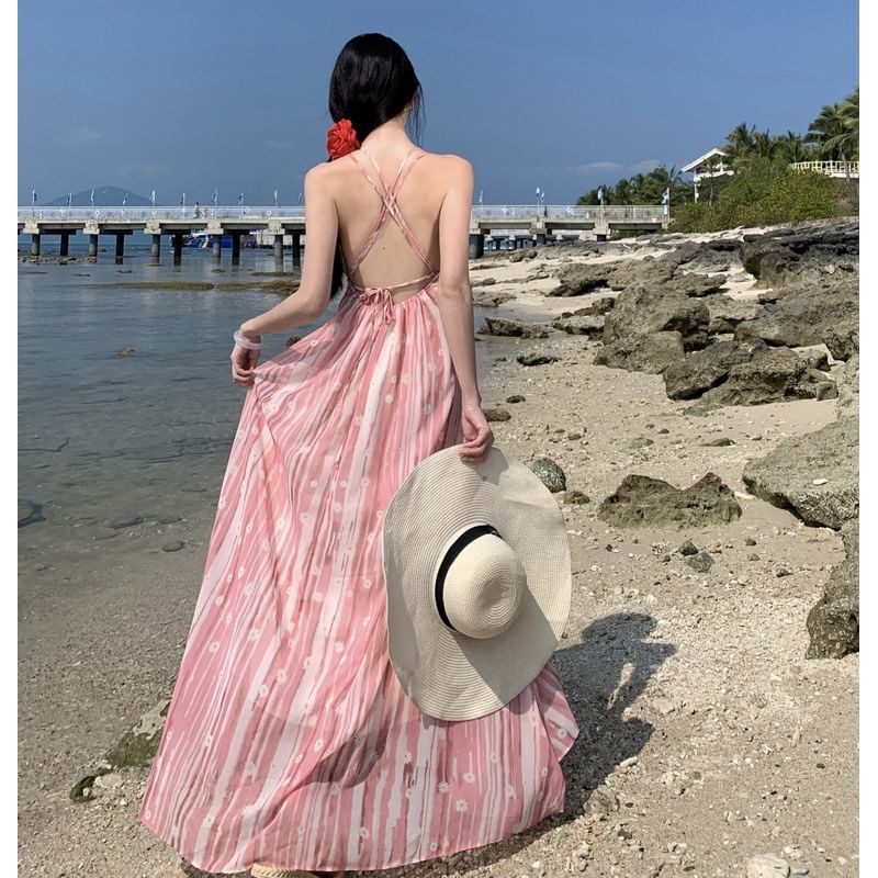 A-Line Strap Patterned Maxi Spaghetti Dress V-Neck