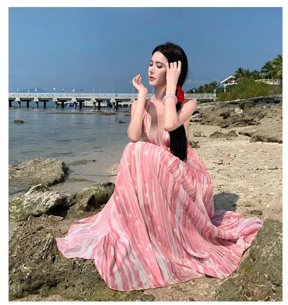 A-Line Strap Patterned Maxi Spaghetti Dress V-Neck