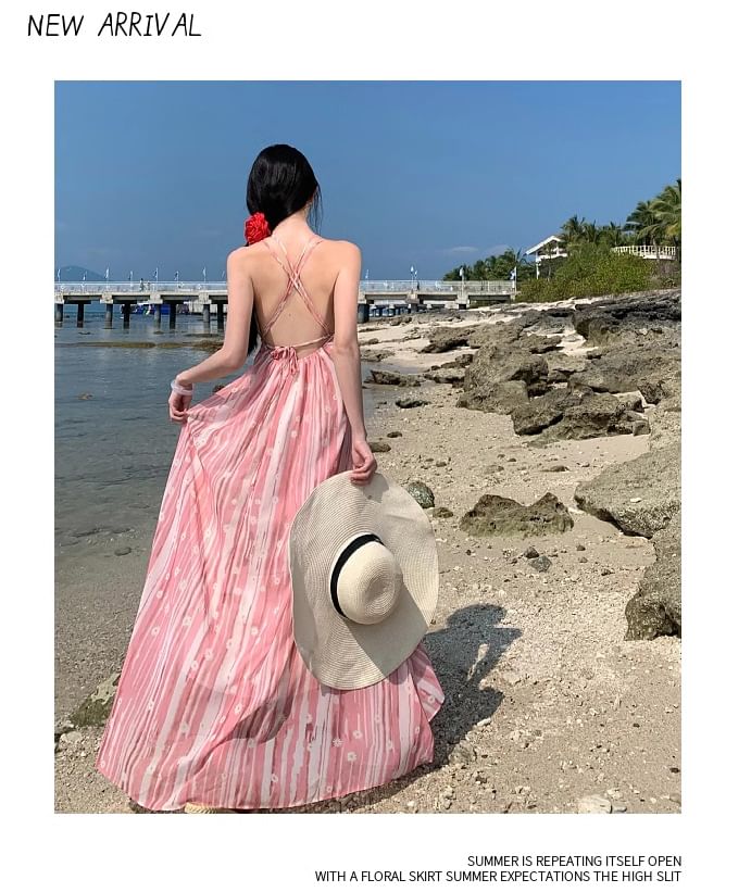 A-Line Strap Patterned Maxi Spaghetti Dress V-Neck