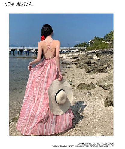 A-Line Strap Patterned Maxi Spaghetti Dress V-Neck