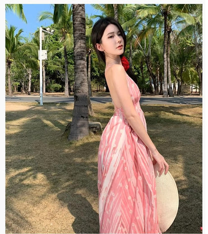 A-Line Strap Patterned Maxi Spaghetti Dress V-Neck