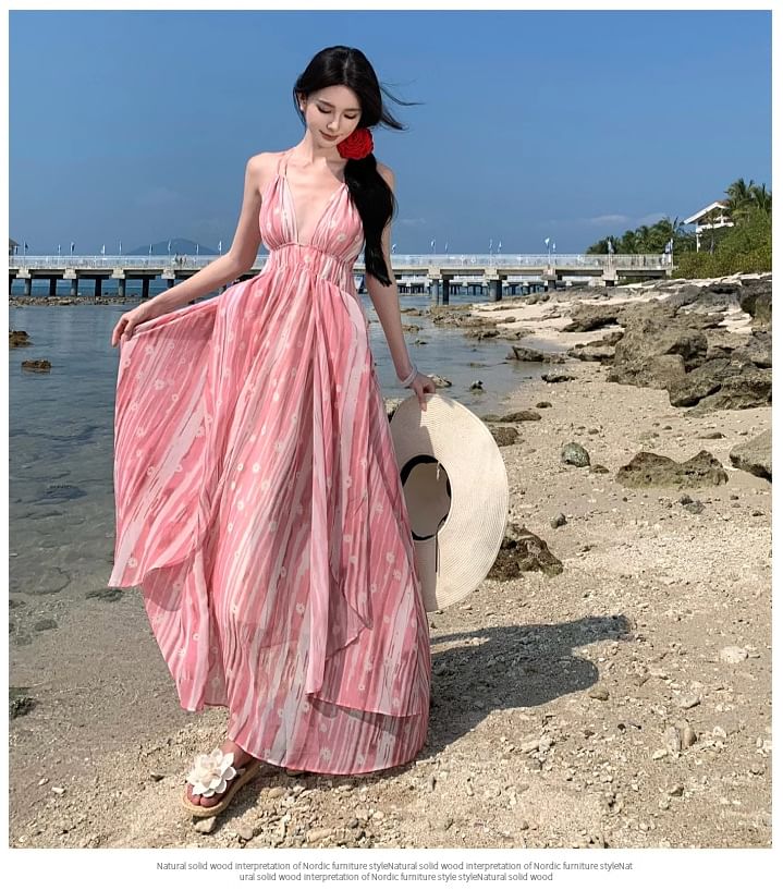 A-Line Strap Patterned Maxi Spaghetti Dress V-Neck