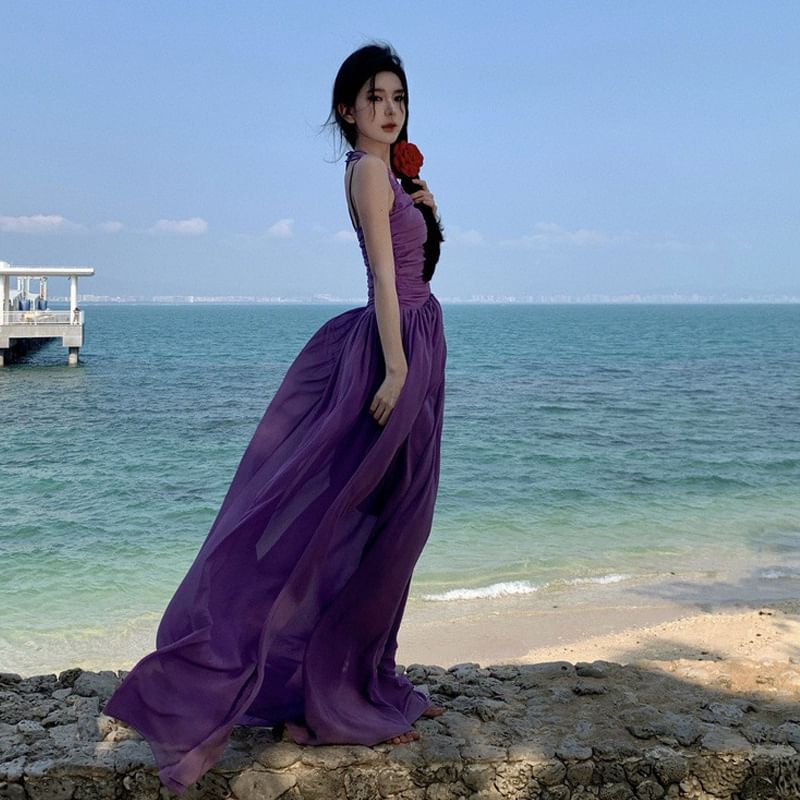 Spaghetti Strap Scoop Neck Plain Maxi A-Line Dress