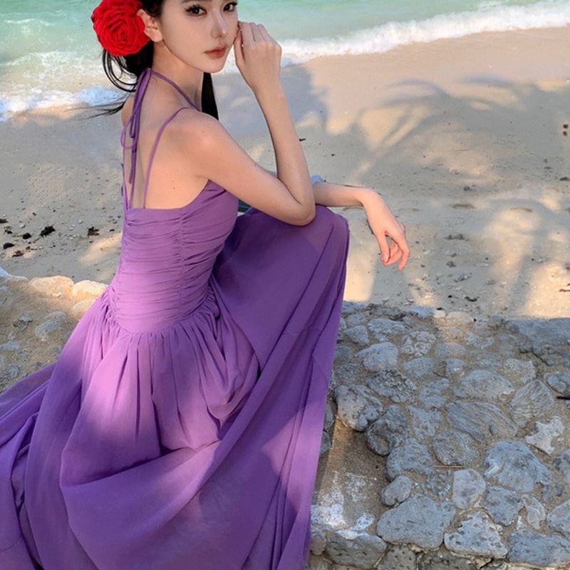 Spaghetti Strap Scoop Neck Plain Maxi A-Line Dress