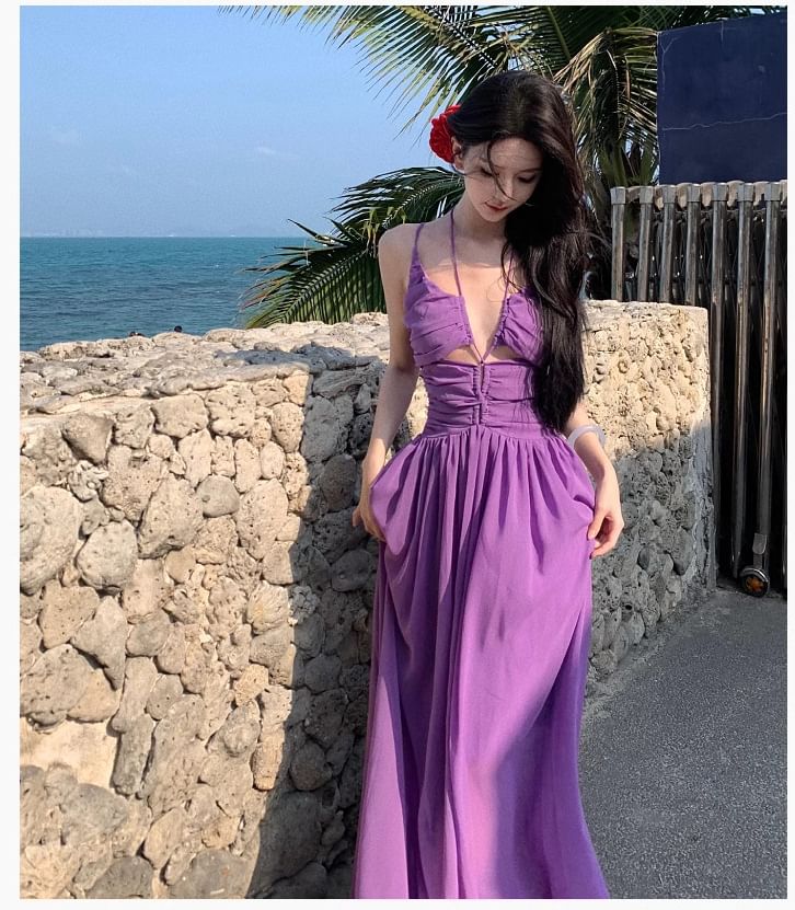 Spaghetti Strap Scoop Neck Plain Maxi A-Line Dress