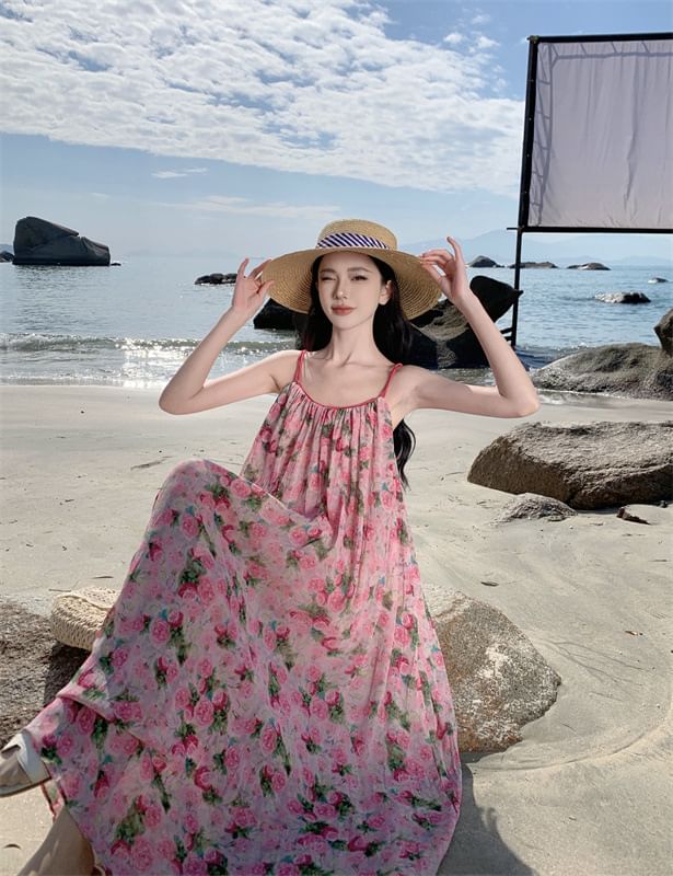 Spaghetti Strap Scoop Neck Floral Maxi A-Line Dress