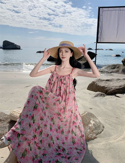 Spaghetti Strap Scoop Neck Floral Maxi A-Line Dress