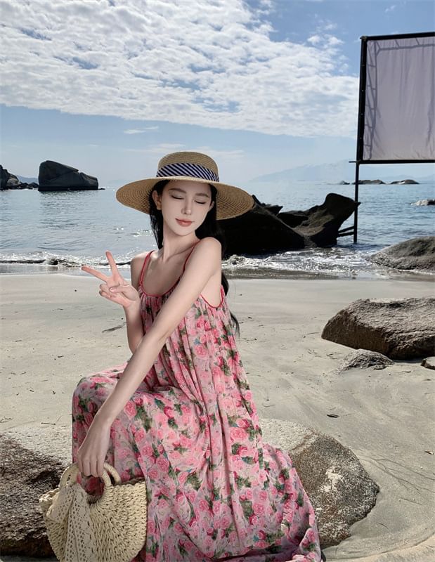 Spaghetti Strap Scoop Neck Floral Maxi A-Line Dress