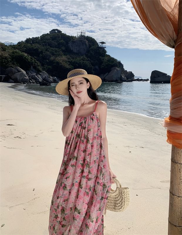 Spaghetti Strap Scoop Neck Floral Maxi A-Line Dress
