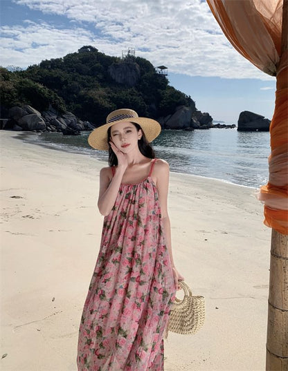 Spaghetti Strap Scoop Neck Floral Maxi A-Line Dress