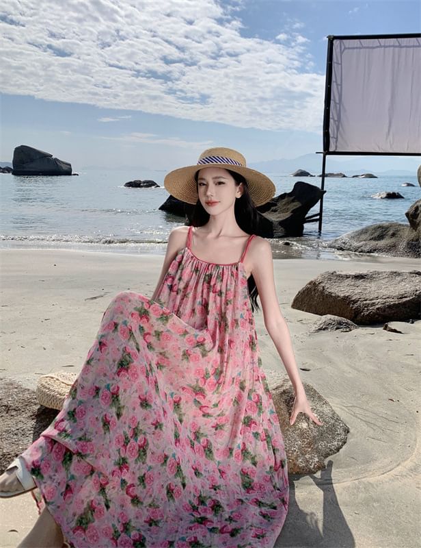 Spaghetti Strap Scoop Neck Floral Maxi A-Line Dress