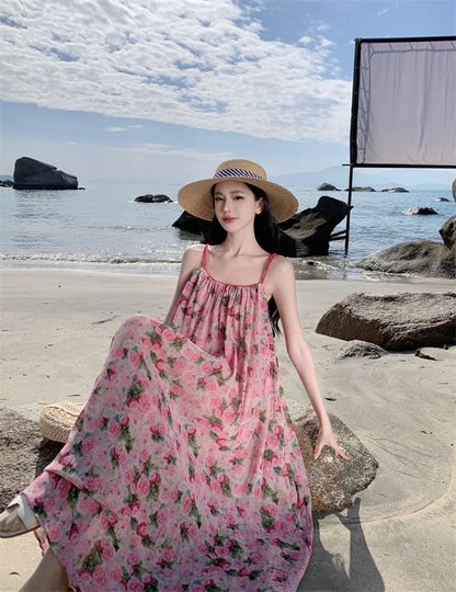 Spaghetti Strap Scoop Neck Floral Maxi A-Line Dress