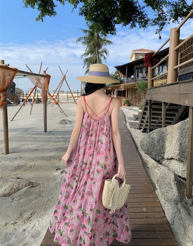 Spaghetti Strap Scoop Neck Floral Maxi A-Line Dress