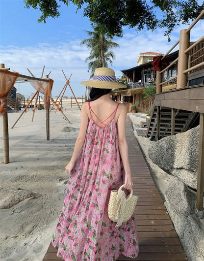 Spaghetti Strap Scoop Neck Floral Maxi A-Line Dress