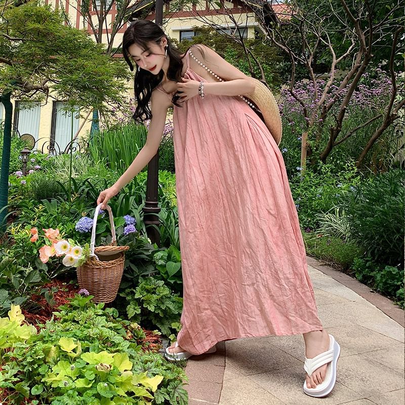 Spaghetti Strap Plain Maxi A-Line Dress