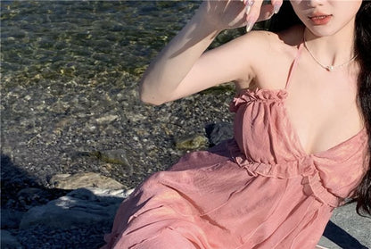 Halter V-Neck Plain Ruffle Trim Maxi A-Line Dress