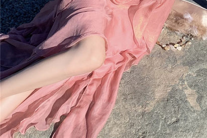 Halter V-Neck Plain Ruffle Trim Maxi A-Line Dress