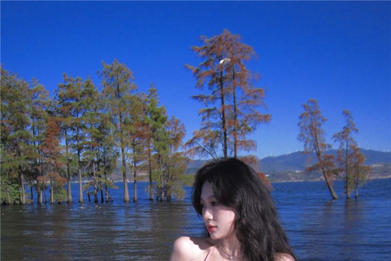 Halter V-Neck Plain Ruffle Trim Maxi A-Line Dress