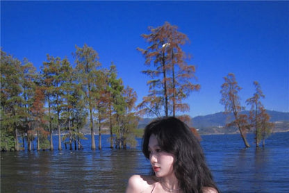 Halter V-Neck Plain Ruffle Trim Maxi A-Line Dress