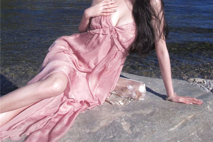 Halter V-Neck Plain Ruffle Trim Maxi A-Line Dress