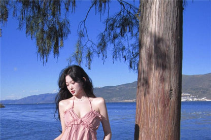 Halter V-Neck Plain Ruffle Trim Maxi A-Line Dress