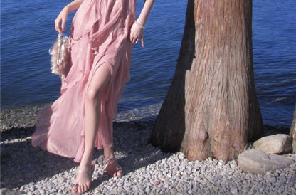 Halter V-Neck Plain Ruffle Trim Maxi A-Line Dress