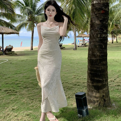 Spaghetti Strap Cowl Neck Plain Maxi Mermaid Dress