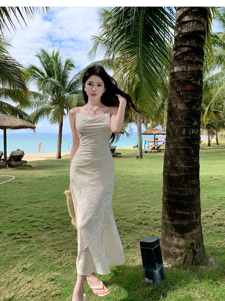 Spaghetti Strap Cowl Neck Plain Maxi Mermaid Dress