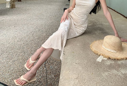 Spaghetti Strap Cowl Neck Plain Maxi Mermaid Dress