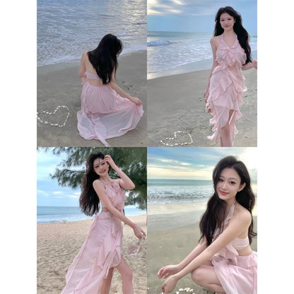 Halter Neck Plain Ruffle Trim Cutout Mini A-Line Dress