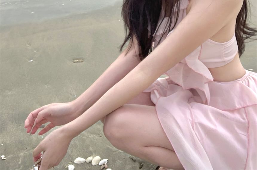 Halter Neck Plain Ruffle Trim Cutout Mini A-Line Dress