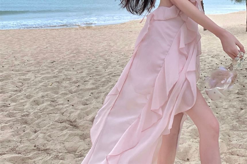 Halter Neck Plain Ruffle Trim Cutout Mini A-Line Dress