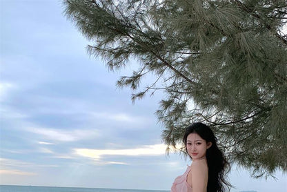 Halter Neck Plain Ruffle Trim Cutout Mini A-Line Dress