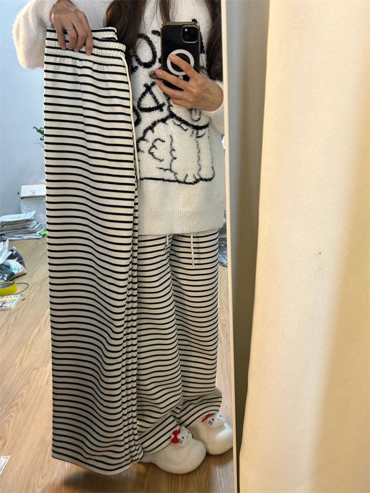 Drawstring Waist Striped Wide Leg Pants