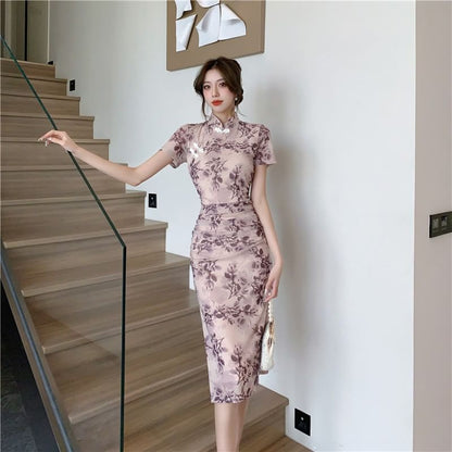 Short-Sleeve Floral Print Midi Qipao Dress