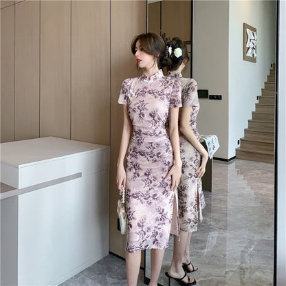 Short-Sleeve Floral Print Midi Qipao Dress