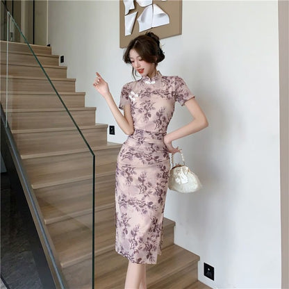 Short-Sleeve Floral Print Midi Qipao Dress