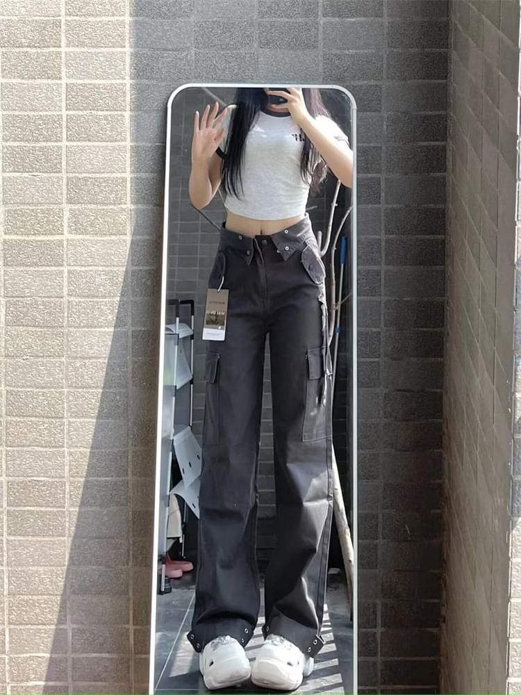 High Waist Plain Wide Leg Cargo Pants