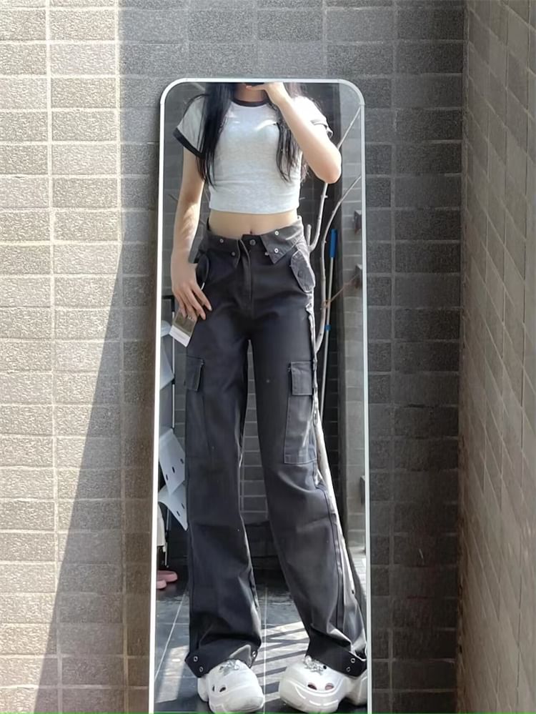 High Waist Plain Wide Leg Cargo Pants