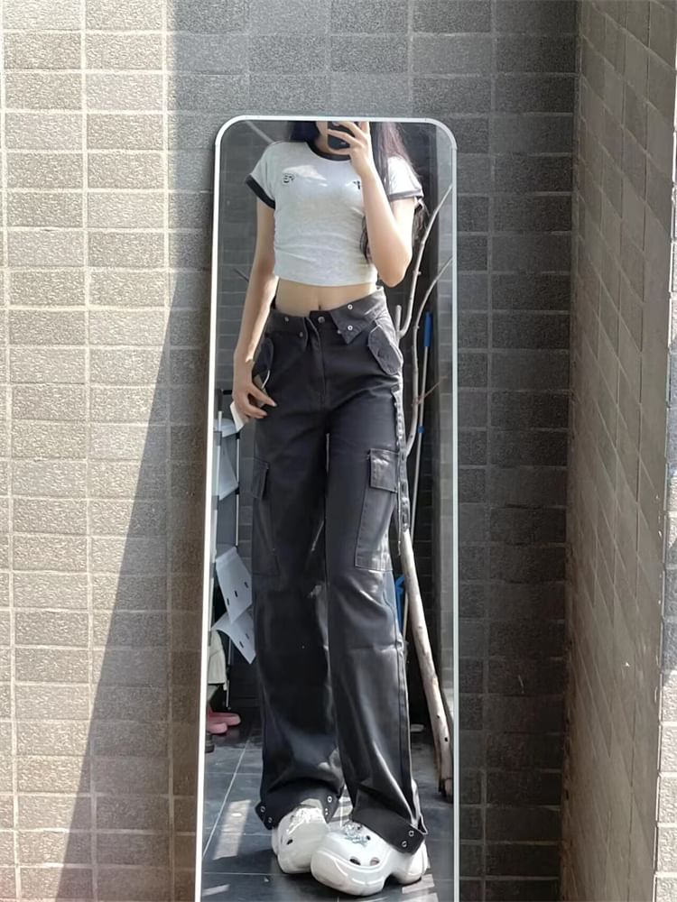 High Waist Plain Wide Leg Cargo Pants