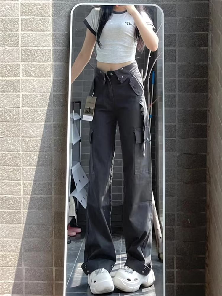 High Waist Plain Wide Leg Cargo Pants