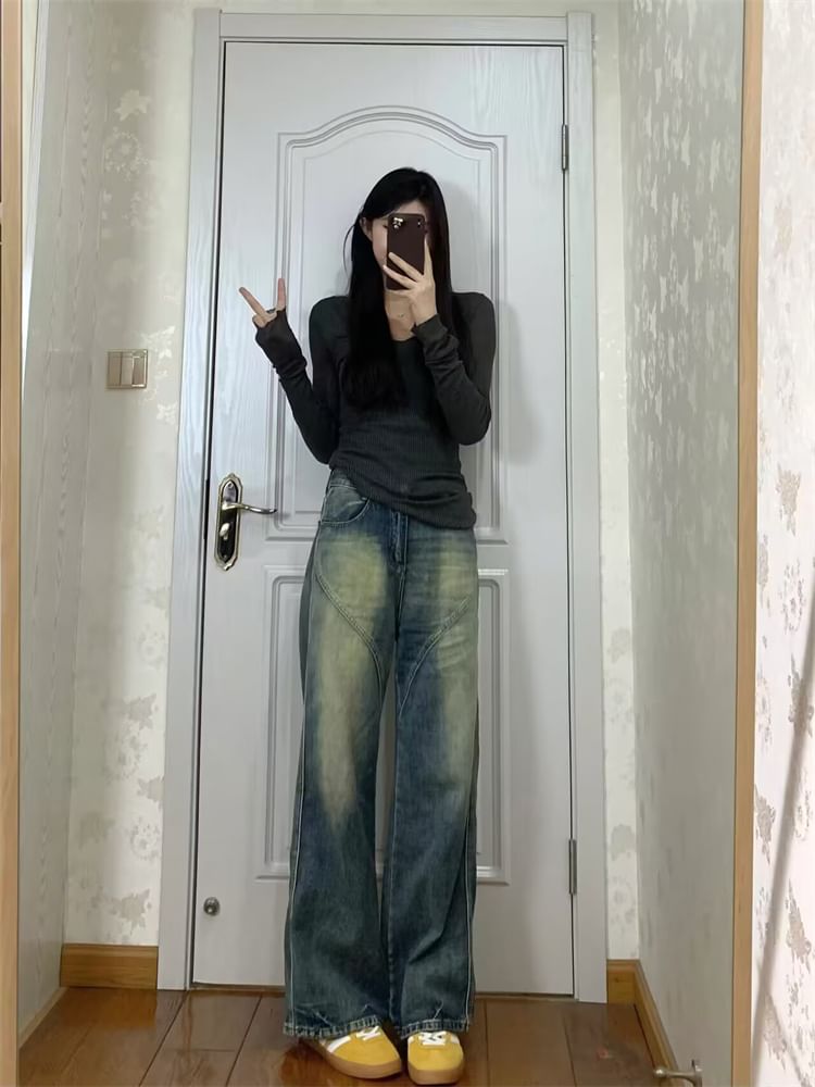 High Waist Washed Wide Leg Jeans (Various Designs)